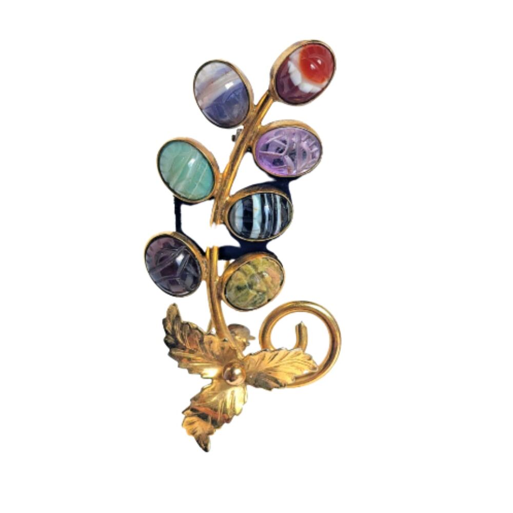 Egyptian Revival Scarab Brooch Admark 12K Gold Filled Multicolor Vintage